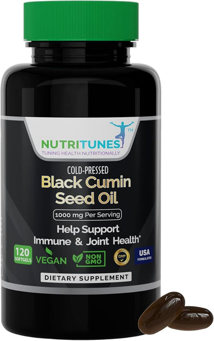 Black Cumin Seed Oil 1000mg – Cold-Pressed High Potency Vegan Supplement – Immune & Digestive Health Support – Non-GMO, Free of Gluten, Soy, Lactose & BSE – 120 Softgels