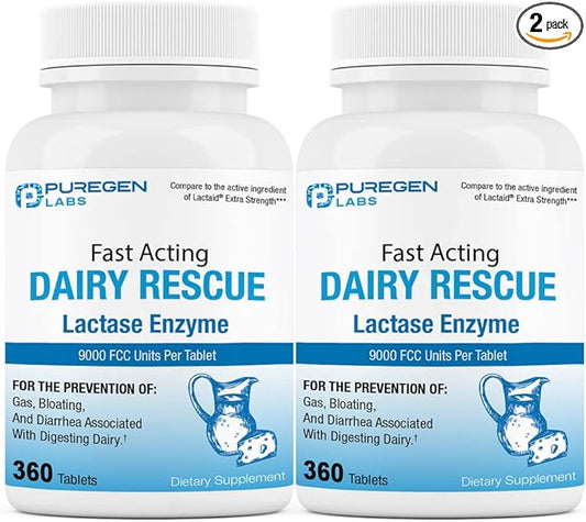 Puregen Labs Dairy Relief Fast Acting Lactase Enzyme 9000 FCC, Lactose Intolerance 720 Total Tablets