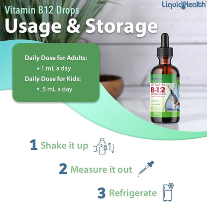 LIQUIDHEALTH Vitamin B12 Methylcobalamin Liquid Drops with Sublingual Hydroxocobalamin - Boost Energy, Support Immune System, Improve Memory & Concentration - Made in The USA, Vegan, Non-GMO (3 Pack)