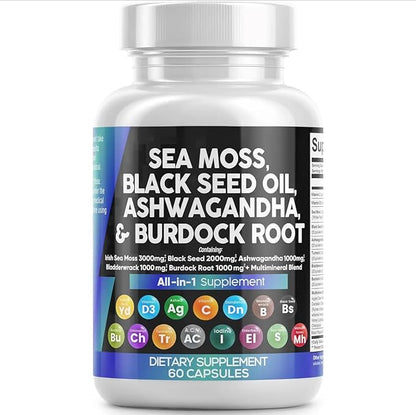 Sea Moss, Black Seed Oil, Ashwagandha, Burdock Root Supplement, 60 Capsules