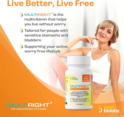 MULTIRIGHT | LOW ACID MULTIVITAMIN for Sensitive Stomachs, Bladders or IC | 14 Vitamins & 14 Minerals | Bladder-Friendly, pH Balanced | Easy on Digestion-Less Acidic | Buffered Vitamin C | 270 Tab (3)