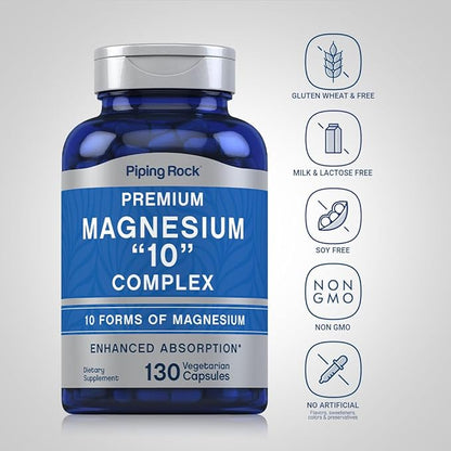 Piping Rock Magnesium 10 in One Complex | 130 Capsules | Supplement for Men and Women | Vegetarian, Non-GMO, Gluten Free