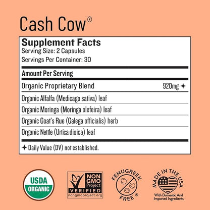 Legendairy Milk Cash Cow Lactation Supplement, Moringa, Alfalfa, and Goat's Rue Breastfeeding Supplement for Milk Supply Increase, Fenugreek-Free, Certified Organic, Vegan, Non-GMO, 60 Capsules