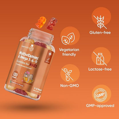 Kids Multivitamin Gummies & Omega 3, 6 & 9-120 Gummies (2 Months Supply) - for Healthy Immune System - Enriched with 12 Essential Vitamins - Natural Raspberry & Orange Flavor (3-12 Years)