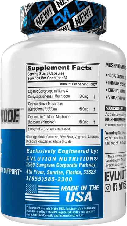 Evlution Vegan Organic Mushroom Supplement Capsules - Organic Lions Mane Mushroom Capsules with Cordyceps and Reishi Blend - Nootropics Brain Support Supplement for Focus and Energy - 30 Servings
