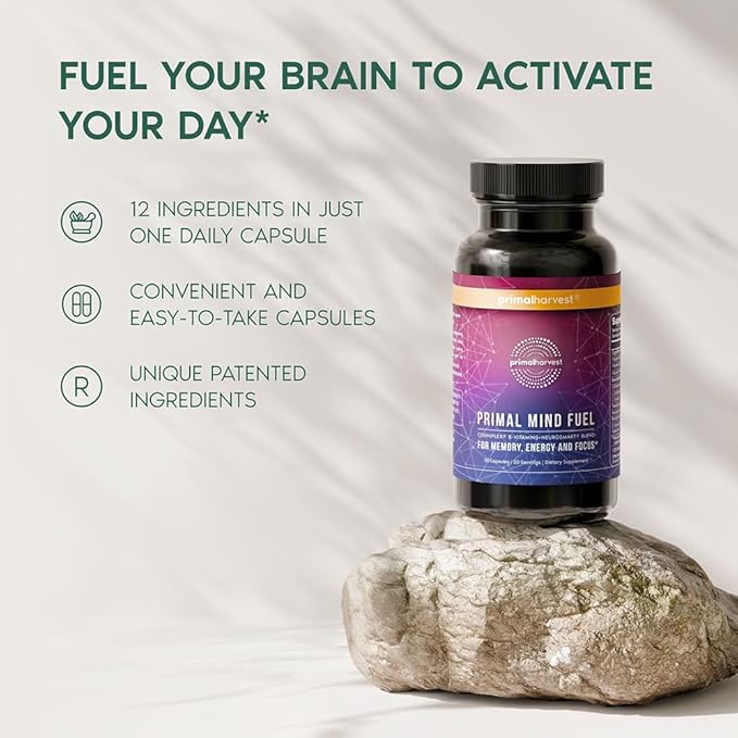 Brain Supplement by Primal Harvest, Primal Mind Fuel Brain Booster for Focus, Energy, Clarity, and Brain Health 30 Capsules Nootropics Brain Support Supplement for Men and Women