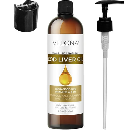 velona Cod Liver Oil - 8 Fl Oz | 1,000A/100D IU/g Omega 3 Vitamins A & D3 | Norwegian Arctic Sustainably Sourced Nordic Oil | Hair, Body and Skin Care | Use Today - Enjoy Results