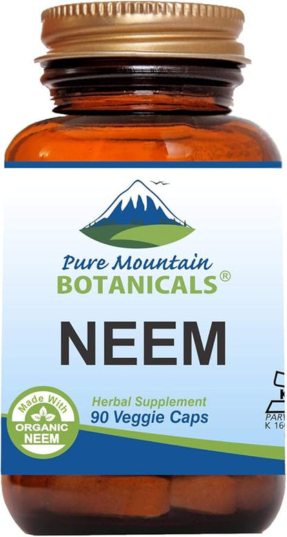 Pure Mountain Botanicals Neem Capsules - 90 Kosher Vegan Caps with 500mg Organic Neem Leaf Supplement