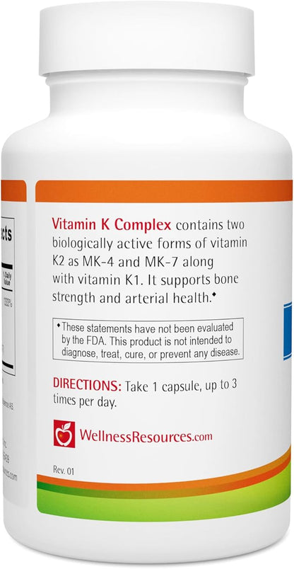Wellness Resources Vitamin K Complex Supplement - 600 mcg Vitamin K2 (as MK-4 and Trans MK-7) and 1000 mcg K1- Bone Strength and Heart Health - K2 Vitamin Supplement - 90 Capsules Non-GMO