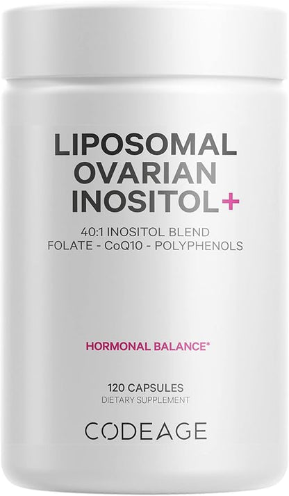 Codeage Liposomal Ovarian Inositol+ Supplement - Myo-Inositol & D-Chiro-Inositol 40:1 Blend, Folate 5-MTHF, CoQ10, Pomegranate & Wild Blueberry, Liposomal Delivery, Non-GMO, Gluten-Free - 120 Capsules