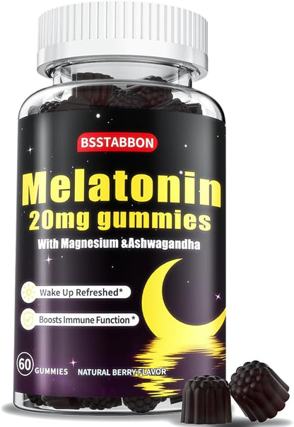Melatonin Gummies 20mg for Women Men: Sugar Free Chewable Supplement with Zinc L-Theanine Ashwagandha Magnesium Lemon Balm and Chamomile - Maximum Strength for Adults Natural Berry Flavor(60count)