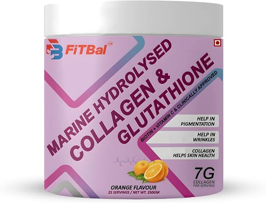 Marine Hydrolysed Collagen & Glutathione Powder – 7g Collagen per Serving with Biotin, Vitamin C & E for Improve Skin Health