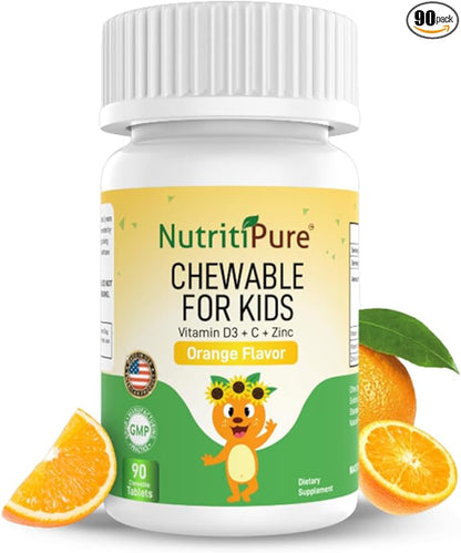 Chewable Vitamin D3 (Cholecalciferol) 25 mcg (1000 IU) + Zinc (Zinc Citrate) 5mg + Vitamin C 30mg for Kids Orange Flavor 90/Bottle (1)