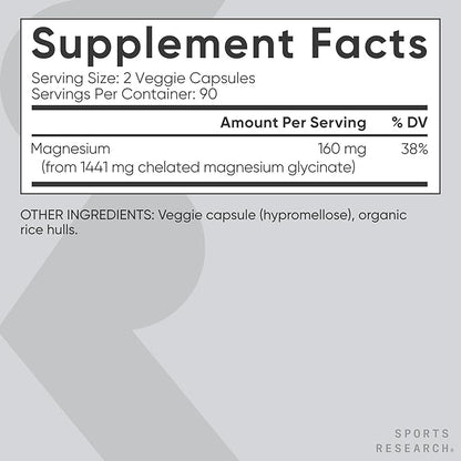 Sports Research® Magnesium Glycinate - Supports Restful Sleep & Enzymatic Processes - 160 mg Chelated Magnesium - Vegan Capsule - 180 Count