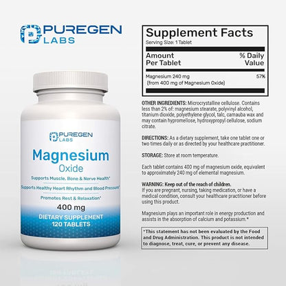 Magnesium 400mg [High Potency] Supplement – Magnesium Oxide for Immune Support, Muscle Recovery, Leg Cramps and Relaxation 120 Tablets