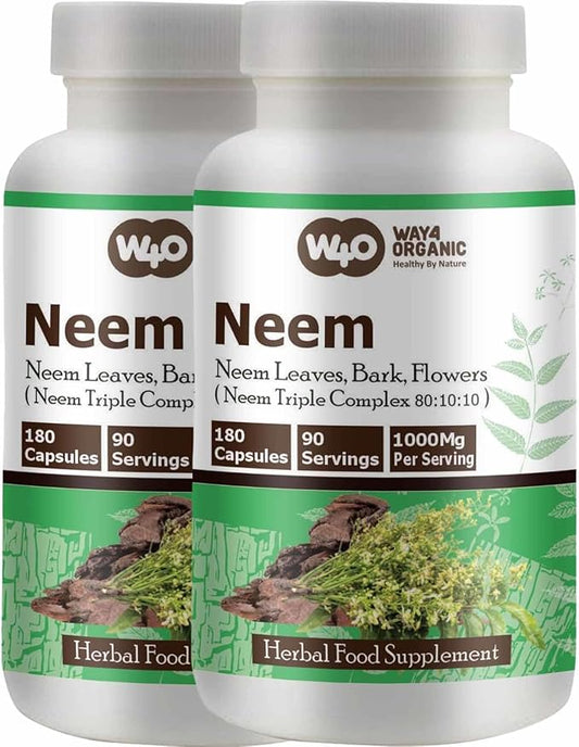 Neem Triple Complex - High-Potency Azadirachta Indica Capsules, Neem Leaves, Bark, Flowers in Ratio (80:10:10) - 180 Capsules, 90 Serving, 1000 Mg per Serving. Pack of 2.