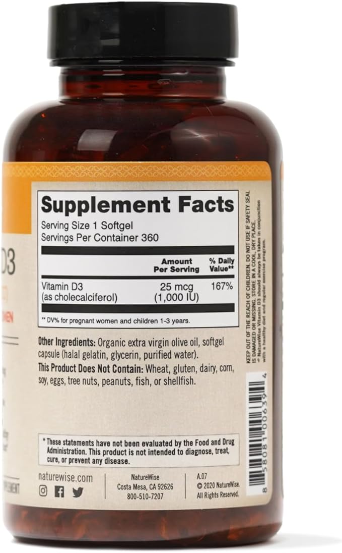 NatureWise Vitamin D3 1000iu (25 mcg) 1-Year Supply for Immune Support, Healthy Muscle Function, and Bone Health - Non-GMO, Gluten Free in Organic Extra Virgin Olive Oil, (Mini Softgel), 360 Count