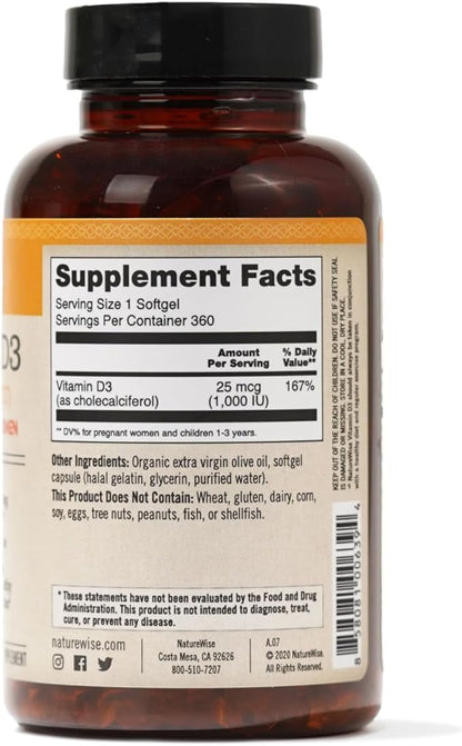NatureWise Vitamin D3 1000iu (25 mcg) 1-Year Supply for Immune Support, Healthy Muscle Function, and Bone Health - Non-GMO, Gluten Free in Organic Extra Virgin Olive Oil, (Mini Softgel), 360 Count