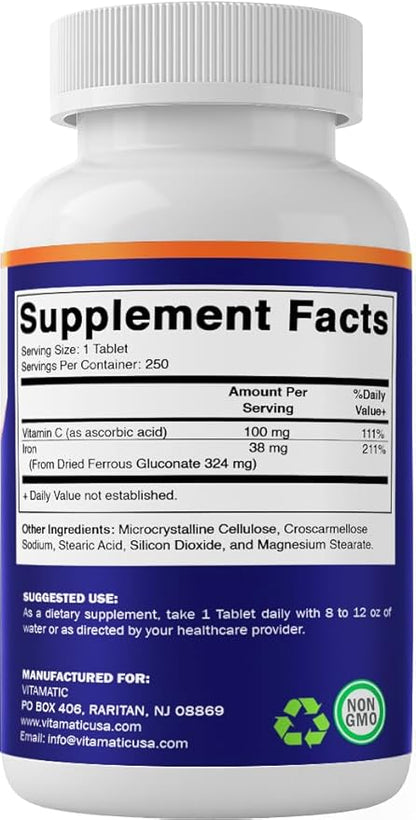 Vitamatic Ferrous Gluconate 324 mg + Vitamin C 100 mg (65 mg Elemental Iron) – High Potency Iron Supplement – Gentle on Stomach, No Artificial Colors – 250 Coated Tablets, Made in USA