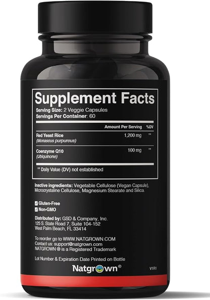 Natgrown Red Yeast Rice with CoQ10 Supplement – 1200 mg Red Yeast Rice Extract + 100 mg Coenzyme Q10 – Heart & Circulatory Support – Vegan, Non-GMO – 120 Capsules
