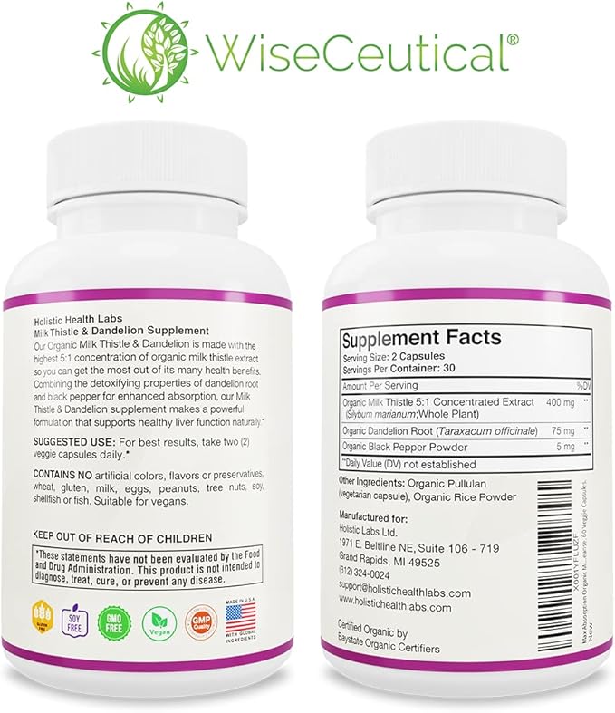 Max Absorption USDA Organic Milk Thistle Potent 5:1 Concentrated Extract (2000mg Strength) & Organic Dandelion Root | Silymarin Antioxidant Flavonoid | Liver Support Supplement (60 Count (Pack of 1))
