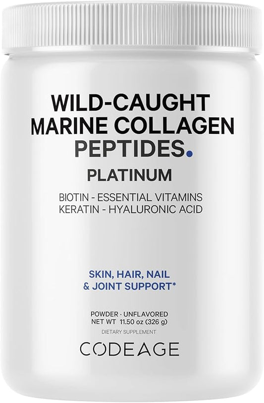 Codeage Marine Collagen Protein Powder Supplement Platinum - Biotin 10,000 mcg, Vitamin C, D3 & B6, Keratin, Hyaluronic Acid, Niacin, Wild Caught Hydrolyzed Fish Collagen Peptides - Non-GMO - 11.50 oz