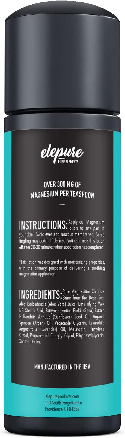 Natural Magnesium Lotion - Highest Potency - Over 1800 MG/oz - 300 mg/tsp - Not Water Based -elepure PURE elements - 8 oz