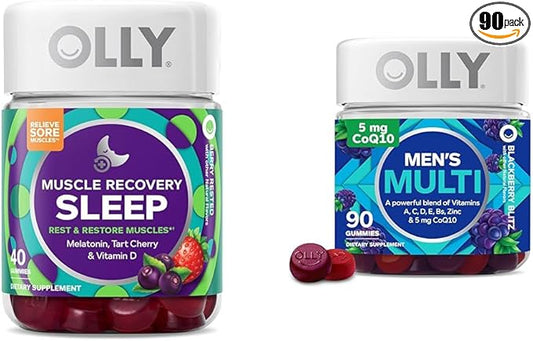 OLLY Muscle Recovery Sleep Gummies, Sleep and Sore Muscle Support, 3mg Melatonin, Tart Cherry & Men's Multivitamin Gummy, Overall Health and Immune Support, Vitamins A, C, D, E, B, Lycopene