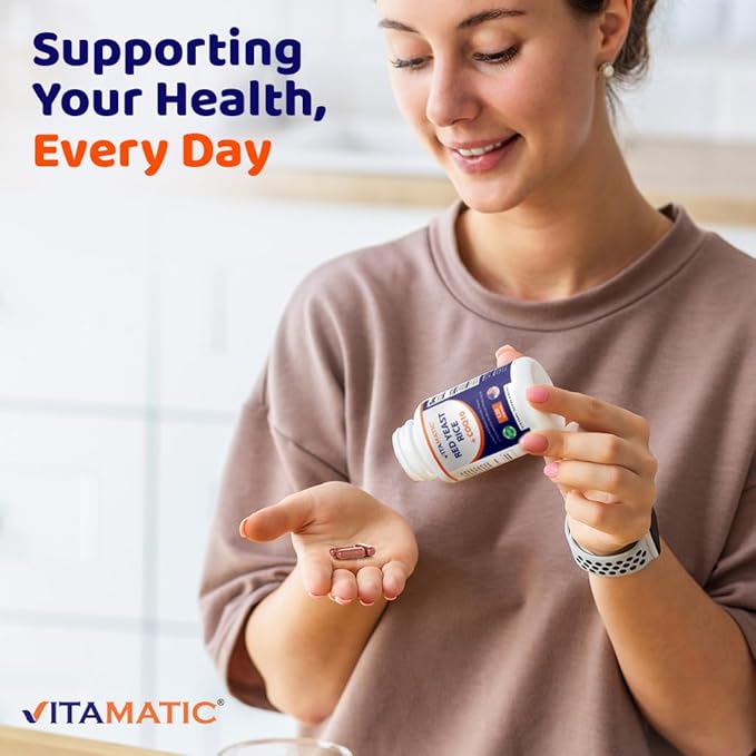 Vitamatic Citrinin-Free Red Yeast Rice 1200 mg. Capsules with CoQ10 100mg, Flush Free Niacin 100mg, & Garlic Powder 20mg - 120 Veg Capsules