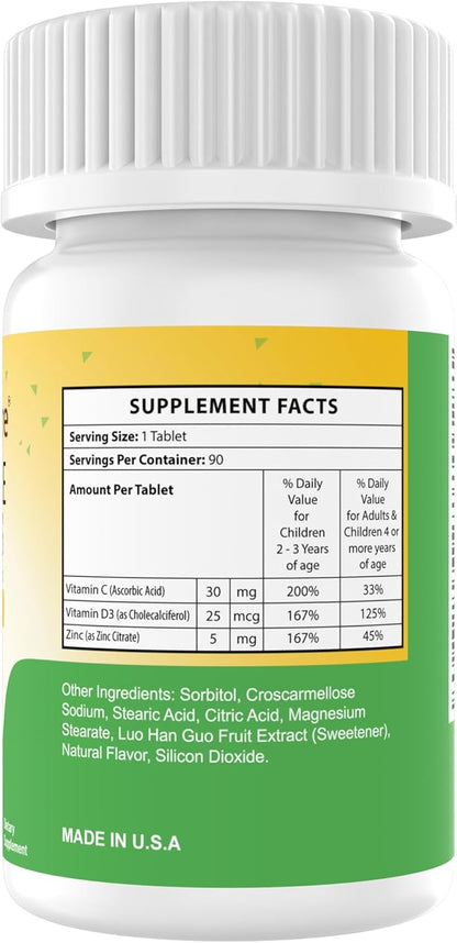 Chewable Vitamin D3 (Cholecalciferol) 25 mcg (1000 IU) + Zinc (Zinc Citrate) 5mg + Vitamin C 30mg for Kids Orange Flavor 90/Bottle (1)