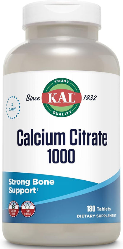 KAL Calcium Citrate 1000mg, Calcium Supplements for Women and Men, Bone Health, Teeth, Nervous, Muscular & Cardiovascular System Support, Gluten Free and Lab Verified, 60 Servings, 180 Tablets