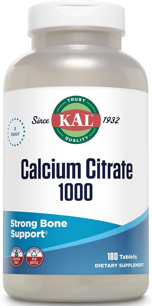 KAL Calcium Citrate 1000mg, Calcium Supplements for Women and Men, Bone Health, Teeth, Nervous, Muscular & Cardiovascular System Support, Gluten Free and Lab Verified, 60 Servings, 180 Tablets