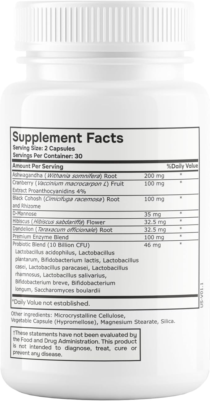 Probiotic for Women Balance Formula with Ashwagandha, Cranberry, Black Cohosh, D-Mannose, Hibiscus, & Dandelion - Support Your Microbiome