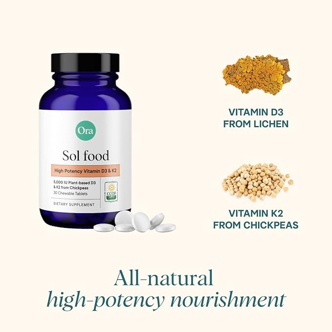 Ora Organic Vitamin D3 5000IU + K2 - Vegan Vitamin D from Lichen and K2 from Chickpeas for Bone Health, Immune Support, & Mood, Maximum Absorption - 1 Month Supply, 30 Chewable Tablets