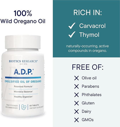 Biotics Research A.D.P.- Emulsified Oil of Oregano -Patented Formula, Wild Oregano Oil –50mg/S- Highly Concentrated Carvacrol - Sustained Release for High Absorption, GI Health –60 Tablets