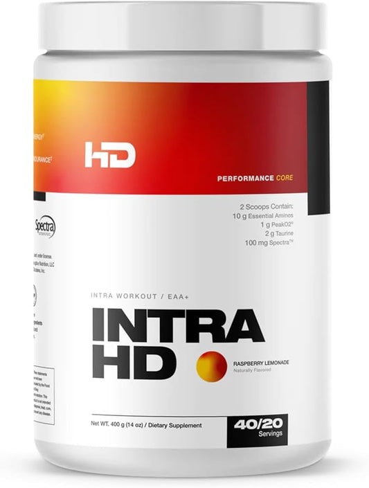 HD MUSCLE IntraHD Essential Aminos | Intra Workout Recovery Supplement | 10g EAAs, 100mg Spectra, 1g Coconut Water Powder | 40/20 Servings (Raspberry Lemonade)