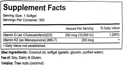 New VitalBoost D3 K2, Vital Boost Vitamin D3 K2 Supplement Softgels, D3 K2 Vitamin 10000 Iu 300 Softgels/Pack