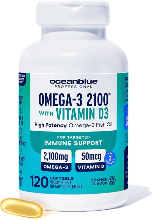 Oceanblue Professional Omega-3 2100 with Vitamin D3 – 180 ct – Triple Strength Burpless Fish Oil Supplement with High-Potency EPA, DHA, DPA – Wild-Caught – Orange Flavor (90 Servings)