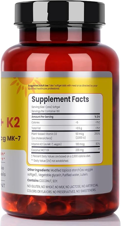 180 Days Vegan Vitamin D3+K2 Softgel with Coconut MCT Oil | 2000IU Plant Source Vitamin D3 + 100 mcg Vitamin K2 MK-7 | for Bone, Muscel, Immune, Teeth & Heart Health | 100% Vegan no-Gelatin