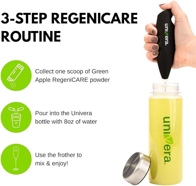 Univera RegeniCARE Gift Set with Bottle and Frother – Joint Support with Glucosamine, Univestin, MSM, Chondroitin – 30 Servings, Green Apple