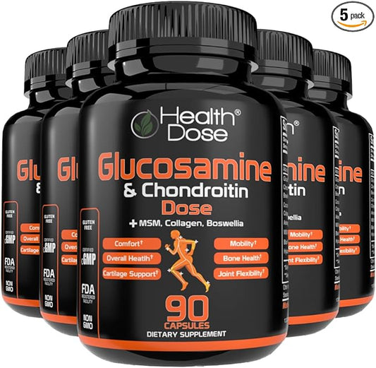 Glucosamine Plus Premium Joint Support - with MSM, Collagen & Boswellia - 90 Capsules - Antioxidant Properties for Cartilage Support, Joint Health & Mobility 5 Pack.