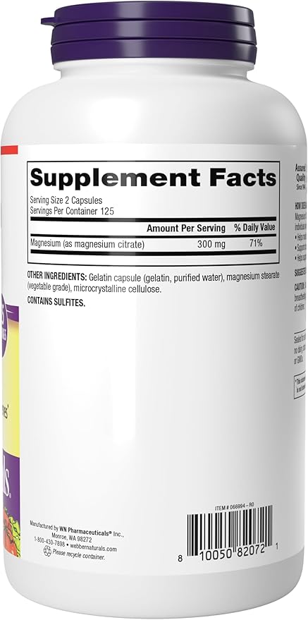 Webber Naturals Magnesium Citrate 300 mg, Extra Strength, 300 mg Per Serving, 250 Capsules, High Absorption, Helps Support Bones, Teeth and Proper Muscle & Heart Function, Gluten & Dairy Free