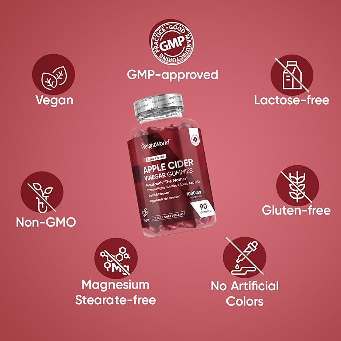 WeightWorld Apple Cider Vinegar Gummies with The Mother 1000mg - 90 Gummies - Added Vitamin B6, B12, B9 (Folic Acid) & C for Detox, Cleanse, Digestion & Metabolism - Delicious Natural Apple Flavor