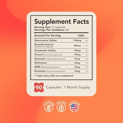 Glucosamine Chondroitin, Turmeric & MSM - Joint Support Supplement for Women & Men - Dietary Supplement - 90 Capsules