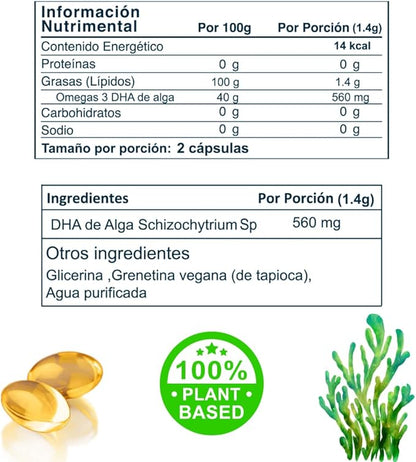 Algae Omega-3 120 Soft Gels - 560 mg Omega-3 Very HIGH in DHA - Certified Algae Oil - 100% Vegan - 100% Biodegradable Packaging