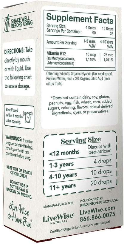 Vitamin B12 Liquid Drops for Kids | Toddlers and Children I Methycobalamin and Adenosylcobalamin | USDA Organic I Vegan | Non-GMO | Gluten Free | Low Dose