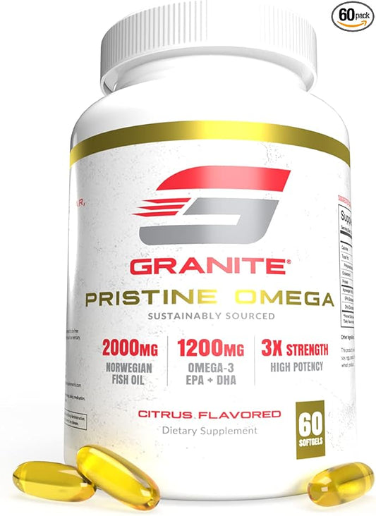 Granite Pristine Omega-3 Supplement, 2000mg Norwegian Fish Oil Supplements with EPA & DHA, Supports Joint, Heart, Brain, & Mood, Sustainably Sourced, Purity Tested (60 Softgels)