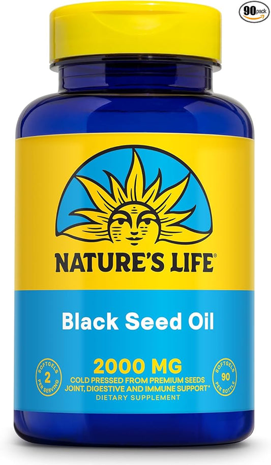 Nature's Life Black Seed Oil 2000mg - Nigella Sativa Oil, Cold Pressed from Black Seeds - w/Thymoquinone, Omega 6 9 - Joint Support, Digestion, Immune Support - 60-Day Guarantee, 45 Serv, 90 Softgels