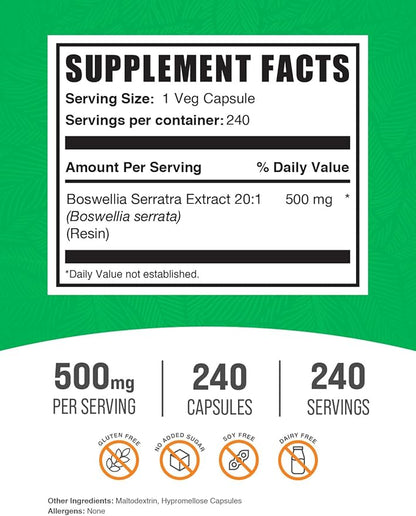 BulkSupplements.com Boswellia Serrata Extract Capsules - Boswellia Serrata Capsules - Boswellia Serrata Supplement, Gluten Free, 1 Capsule per Serving, 240 Veg Capsules (Pack of 1)