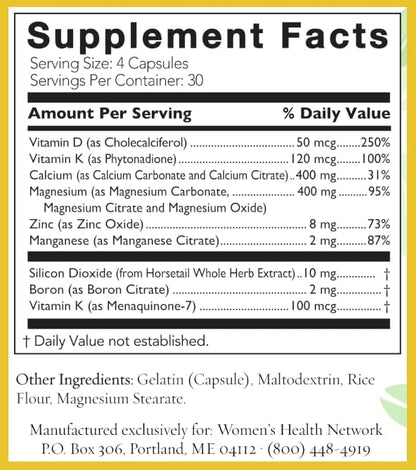 Better Bones Basics by Women's Health Network - Calcium, Magnesium, Zinc, Vitamin D, Vitamin K, Manganese, and Boron - 120 Capsules